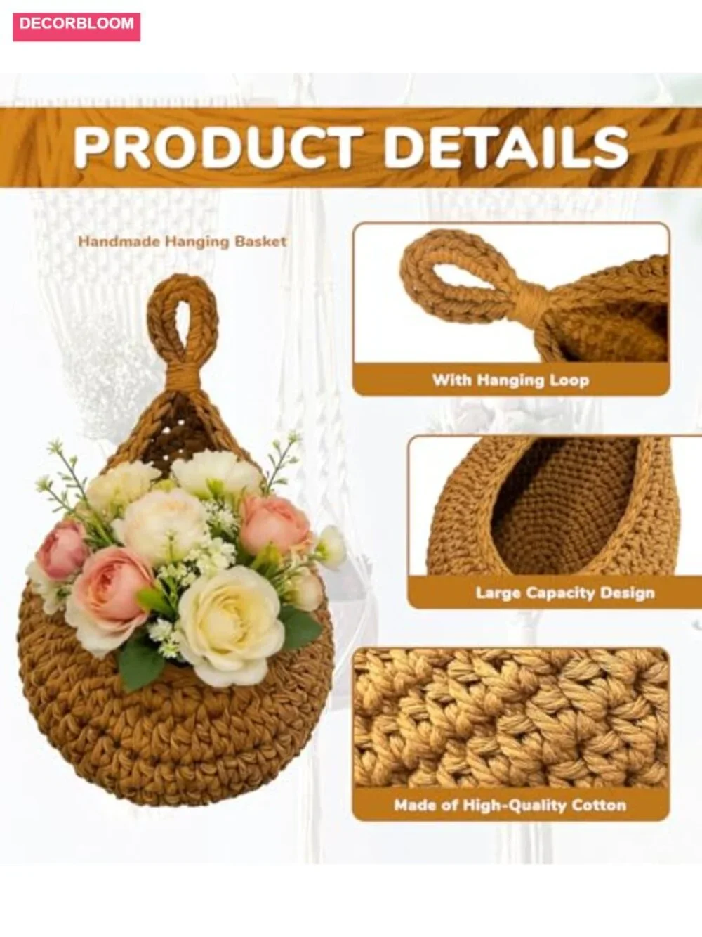 3 Pack Boho Hanging Wall Baskets for Kitchen Storage with Hooks